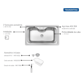 Alternative view of Tramontina Morgana Maxi 78 FX حوض داخلي من الستانلس ستيل مع لمسة نهائية من الساتان ، وصمام ، وموزع صابون ، وسلة سلكية مقاس 86x50 سم