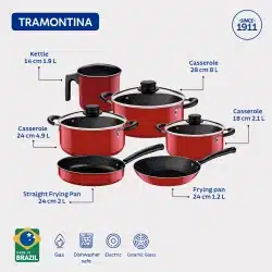 Alternative view of سيت ادوات طبخ 9 قطع لون احمر جودة عالية مع اغطية زجاجية عالية الجودة 8 طبقات من الاستار فلون المانع للالتصاق