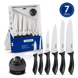 طقم سكاكين ترامونتينا أفيلاتا مكون من 7 قطع بشفرات من الفولاذ المقاوم للصدأ ومقابض من البولي بروبلين باللون الأسود