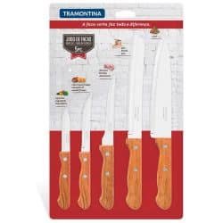 jogo de facas tramontina dynamic com laminas em aco inox e cabos de madeira natural 5 pecas 56871 02