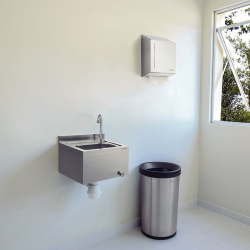 حوض غسيل ترامونتينا الصناعي المصنوع من الاستانلس ستيل  المقاوم للصدأ يثبت على الحائط مع صنبور وصمام يعمل بالركبة