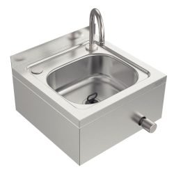 Alternative view of حوض غسيل ترامونتينا الصناعي المصنوع من الاستانلس ستيل  المقاوم للصدأ يثبت على الحائط مع صنبور وصمام يعمل بالركبة