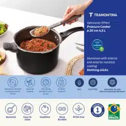 قدر ضغط ترامونتينا فانكوفر إيفيكت المصنوعة من الألومنيوم الأسود، مطلية من الداخل والخارج بطبقة ستارفلون ماكس غير لاصقة، 20 سم، 4.5 لتر، 8 20591420IXIA001